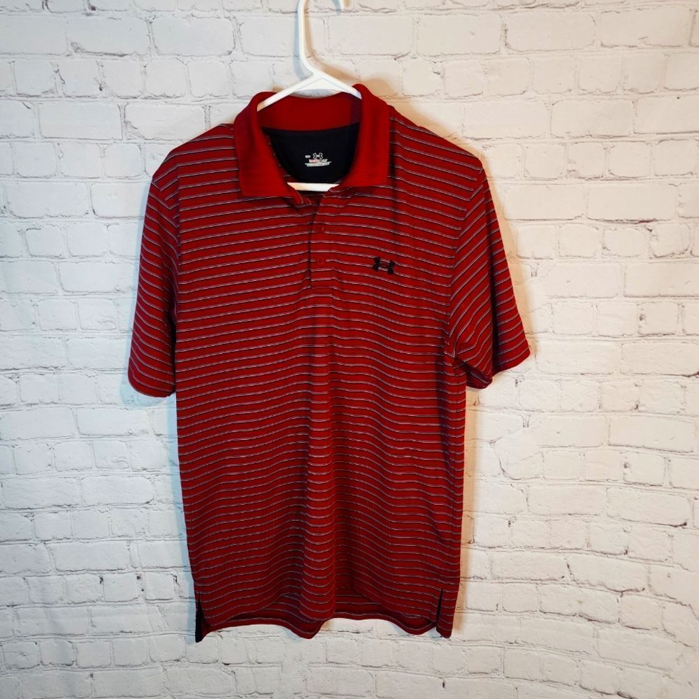 Men's Under Armour Heatgear Red Striped Polo Shirt, Size Medium